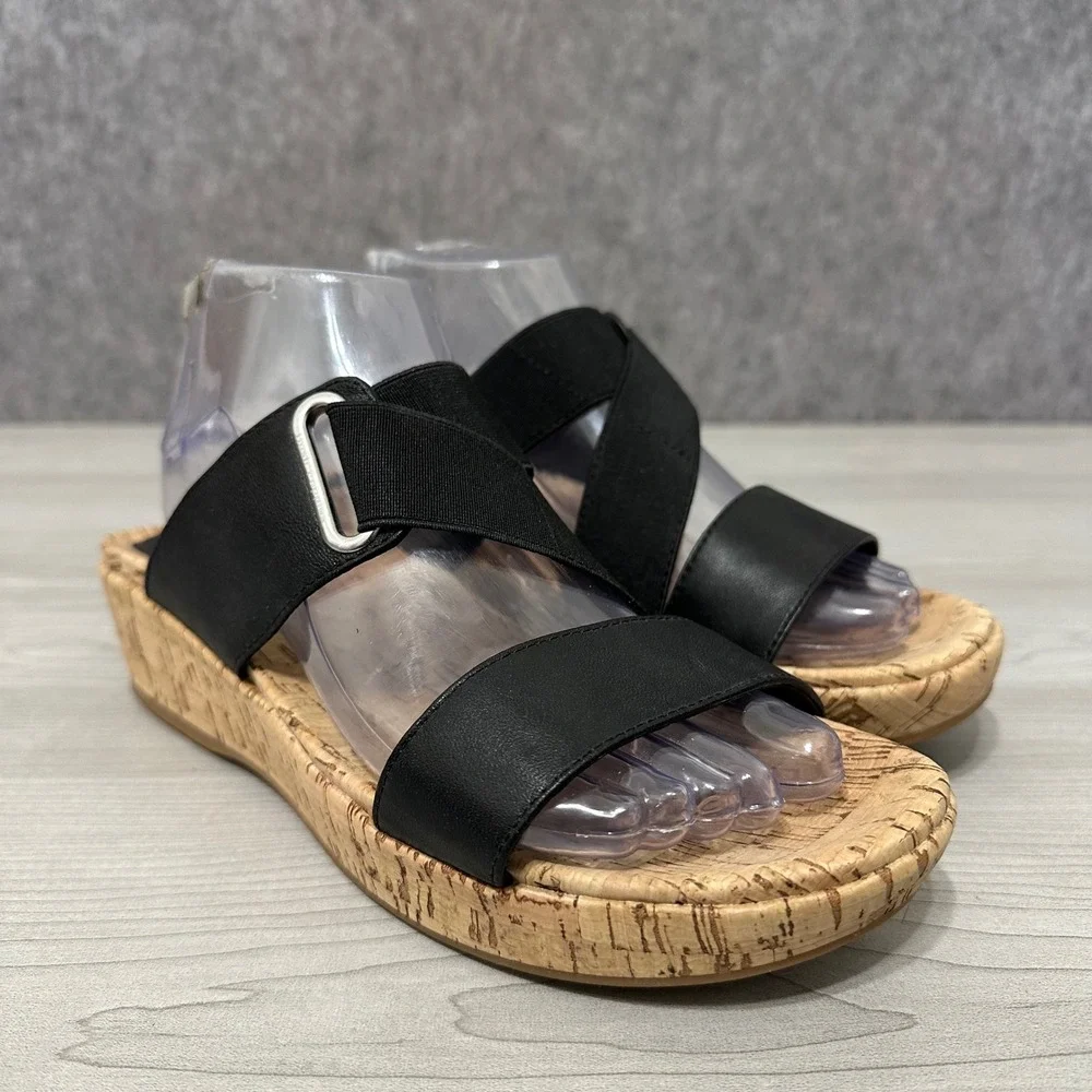 Hush Puppies Coco Wedge Sandals Womens 9.5 Black Leather Cork Platform